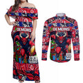 Custom Demons Rugby Merry Christmas Couples Matching Off Shoulder Maxi Dress and Long Sleeve Button Shirt Indigenous Australian Art