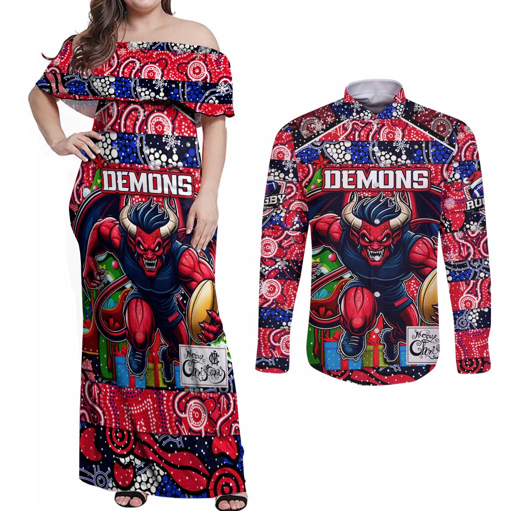 Custom Demons Rugby Merry Christmas Couples Matching Off Shoulder Maxi Dress and Long Sleeve Button Shirt Indigenous Australian Art