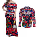 Custom Demons Rugby Merry Christmas Couples Matching Off Shoulder Maxi Dress and Long Sleeve Button Shirt Indigenous Australian Art