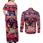 Custom Demons Rugby Merry Christmas Couples Matching Off Shoulder Maxi Dress and Long Sleeve Button Shirt Indigenous Australian Art