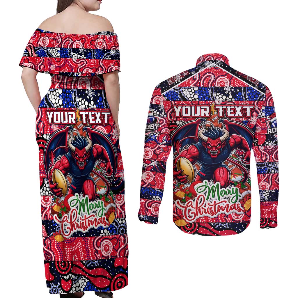 Custom Demons Rugby Merry Christmas Couples Matching Off Shoulder Maxi Dress and Long Sleeve Button Shirt Indigenous Australian Art