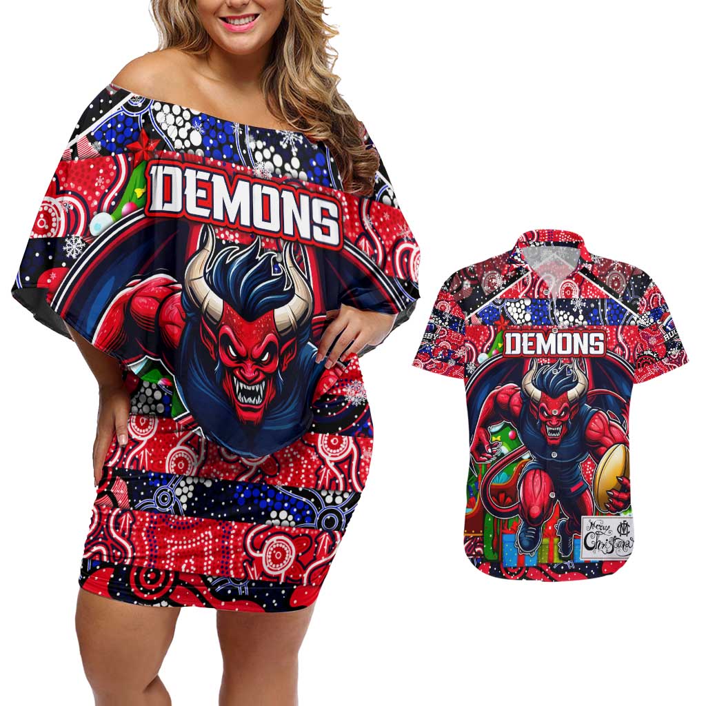 Custom Demons Rugby Merry Christmas Couples Matching Off Shoulder Short Dress and Hawaiian Shirt Indigenous Australian Art