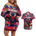 Custom Demons Rugby Merry Christmas Couples Matching Off Shoulder Short Dress and Hawaiian Shirt Indigenous Australian Art