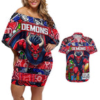 Custom Demons Rugby Merry Christmas Couples Matching Off Shoulder Short Dress and Hawaiian Shirt Indigenous Australian Art