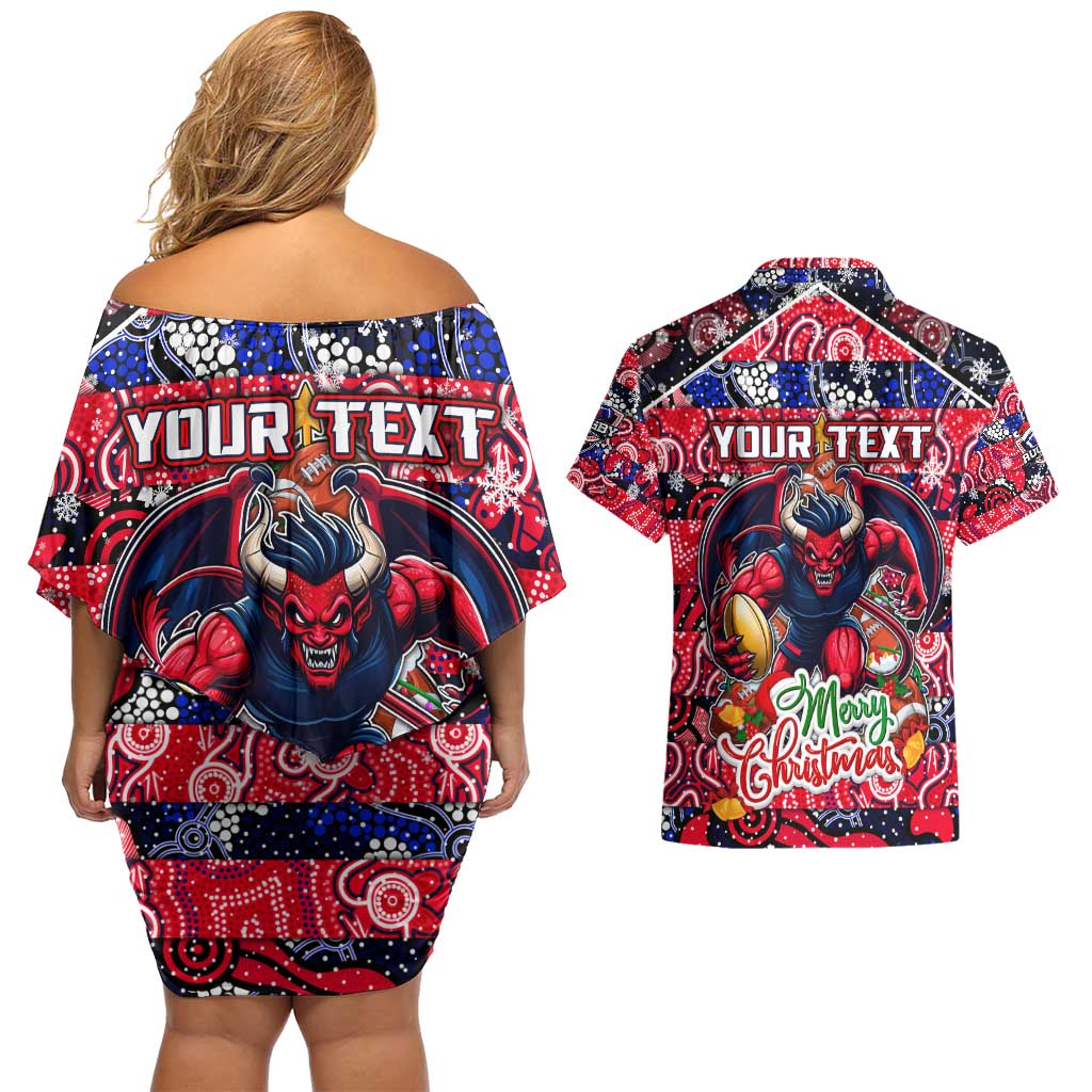 Custom Demons Rugby Merry Christmas Couples Matching Off Shoulder Short Dress and Hawaiian Shirt Indigenous Australian Art