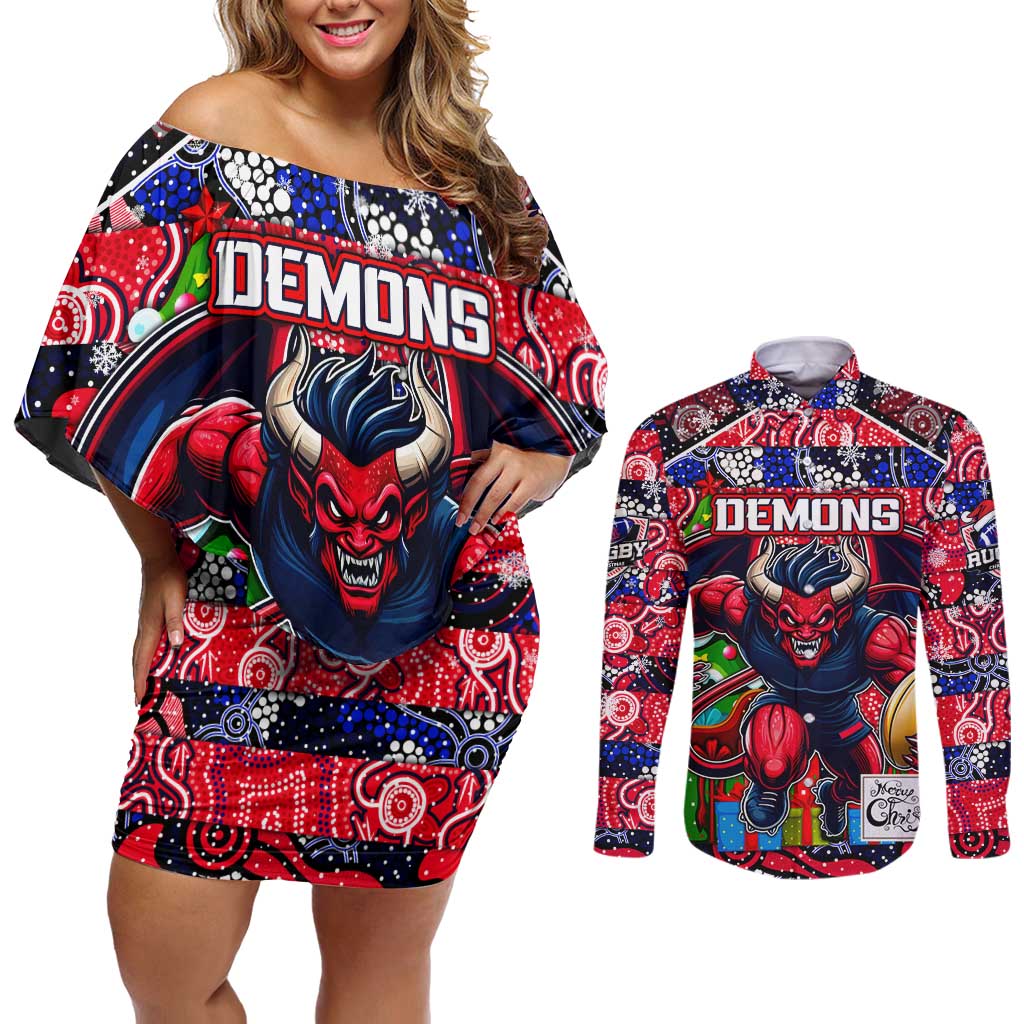Custom Demons Rugby Merry Christmas Couples Matching Off Shoulder Short Dress and Long Sleeve Button Shirt Indigenous Australian Art