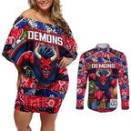 Custom Demons Rugby Merry Christmas Couples Matching Off Shoulder Short Dress and Long Sleeve Button Shirt Indigenous Australian Art