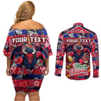 Custom Demons Rugby Merry Christmas Couples Matching Off Shoulder Short Dress and Long Sleeve Button Shirt Indigenous Australian Art