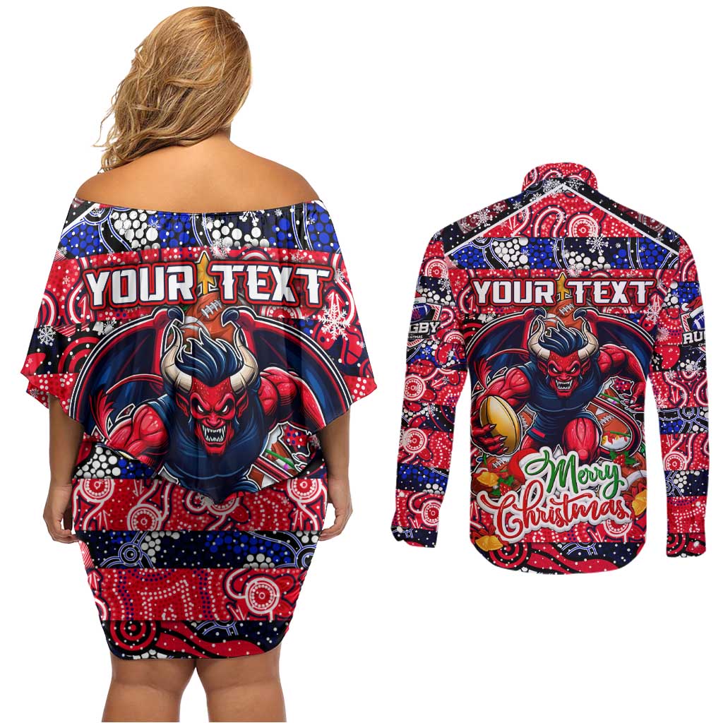 Custom Demons Rugby Merry Christmas Couples Matching Off Shoulder Short Dress and Long Sleeve Button Shirt Indigenous Australian Art
