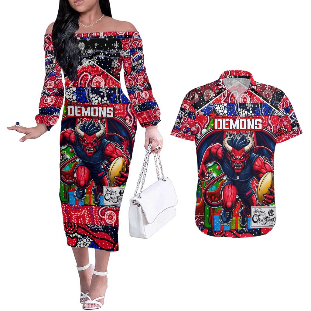 Custom Demons Rugby Merry Christmas Couples Matching Off The Shoulder Long Sleeve Dress and Hawaiian Shirt Indigenous Australian Art