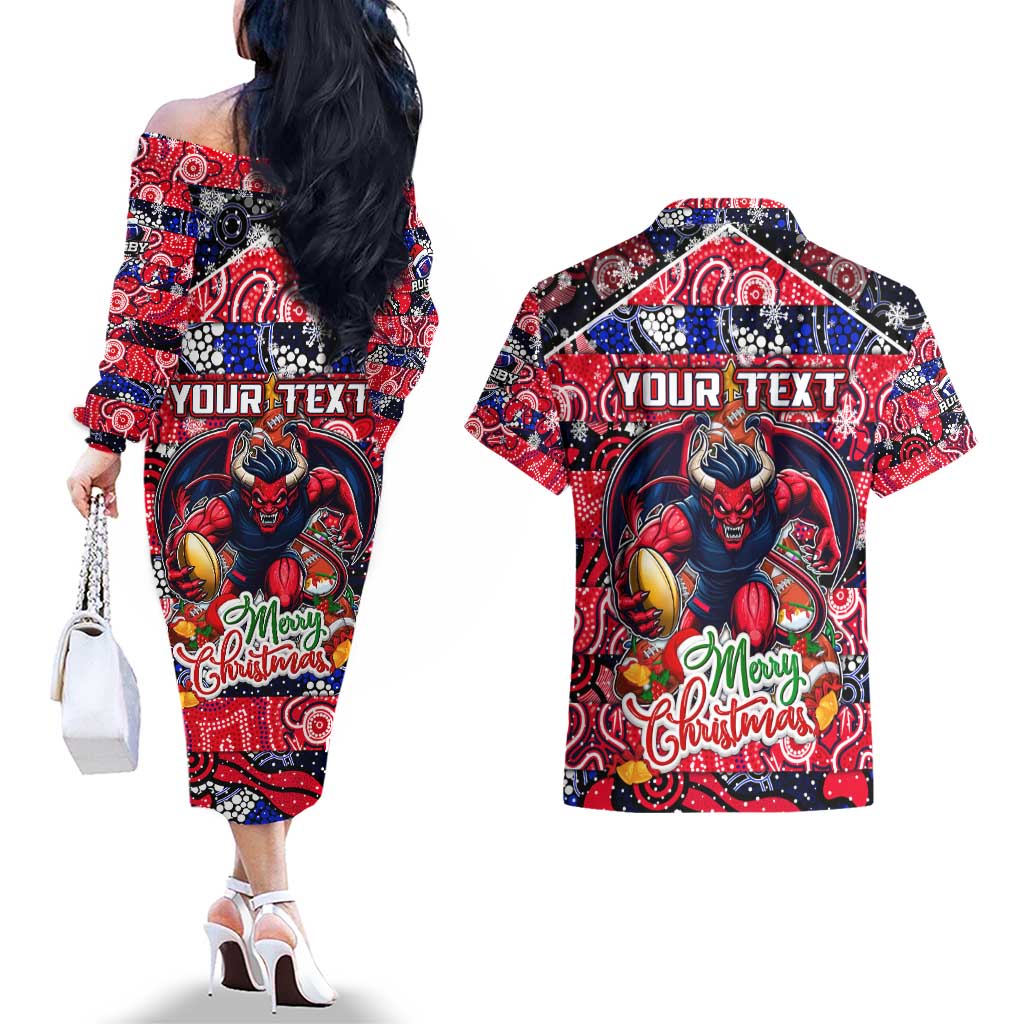 Custom Demons Rugby Merry Christmas Couples Matching Off The Shoulder Long Sleeve Dress and Hawaiian Shirt Indigenous Australian Art
