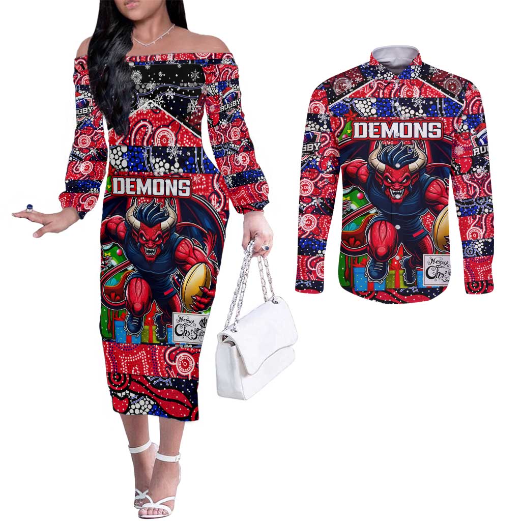 Custom Demons Rugby Merry Christmas Couples Matching Off The Shoulder Long Sleeve Dress and Long Sleeve Button Shirt Indigenous Australian Art