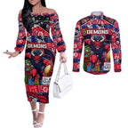 Custom Demons Rugby Merry Christmas Couples Matching Off The Shoulder Long Sleeve Dress and Long Sleeve Button Shirt Indigenous Australian Art