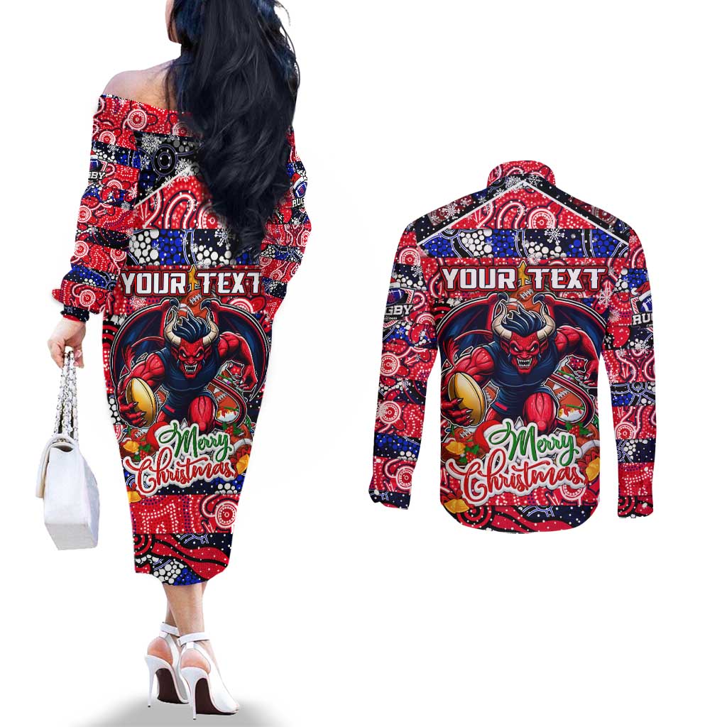 Custom Demons Rugby Merry Christmas Couples Matching Off The Shoulder Long Sleeve Dress and Long Sleeve Button Shirt Indigenous Australian Art