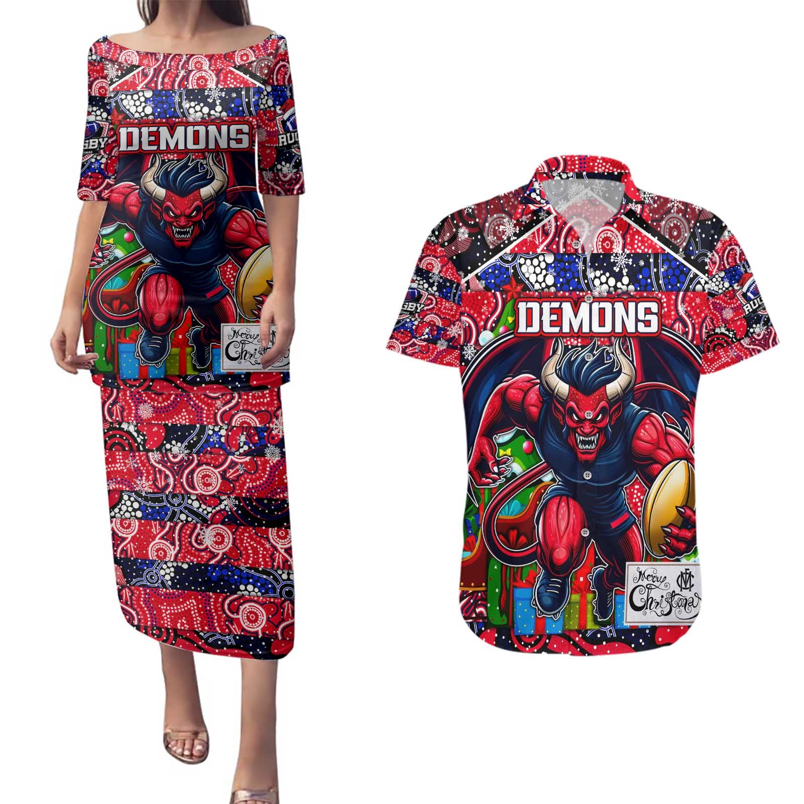 Custom Demons Rugby Merry Christmas Couples Matching Puletasi and Hawaiian Shirt Indigenous Australian Art