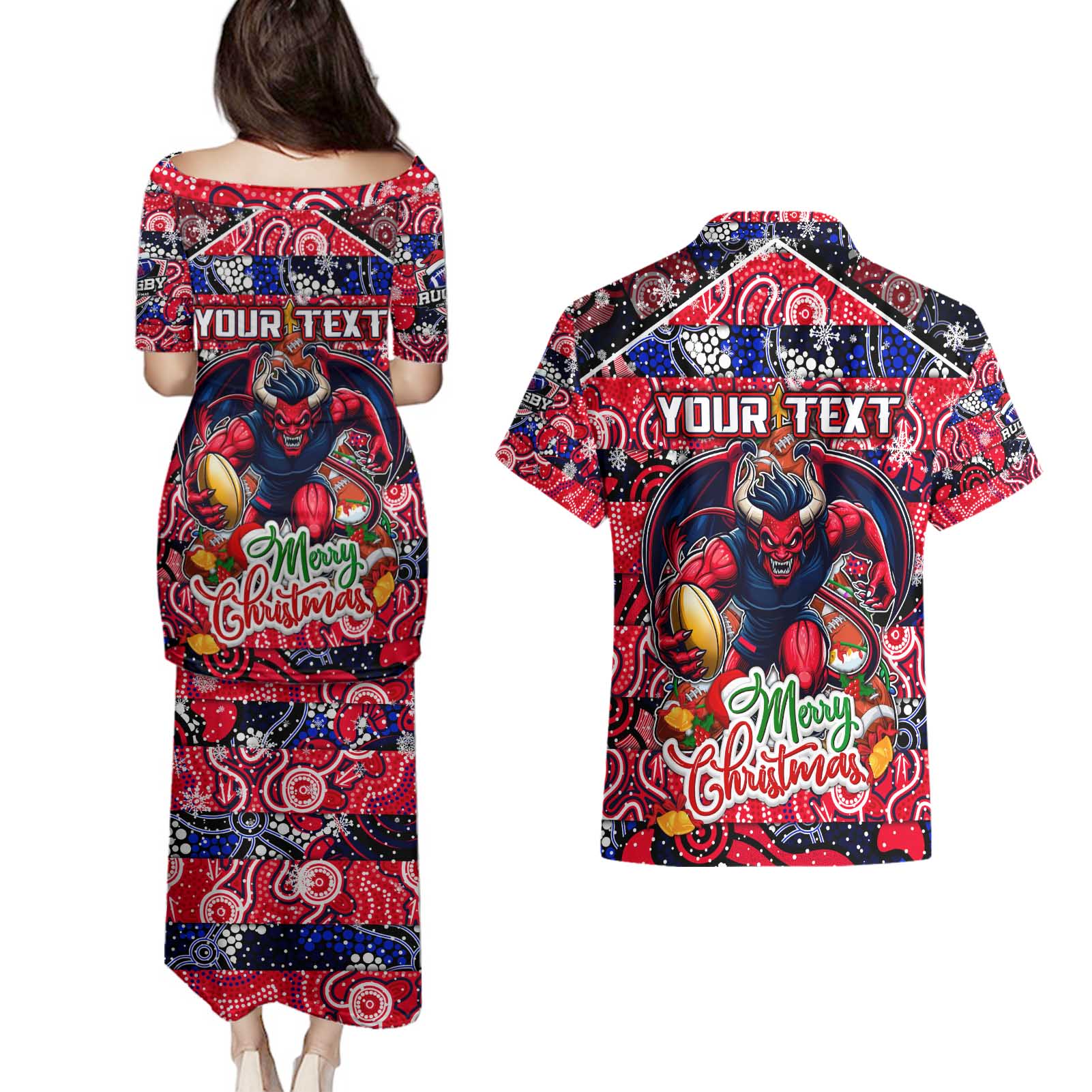 Custom Demons Rugby Merry Christmas Couples Matching Puletasi and Hawaiian Shirt Indigenous Australian Art