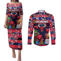Custom Demons Rugby Merry Christmas Couples Matching Puletasi and Long Sleeve Button Shirt Indigenous Australian Art