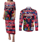 Custom Demons Rugby Merry Christmas Couples Matching Puletasi and Long Sleeve Button Shirt Indigenous Australian Art