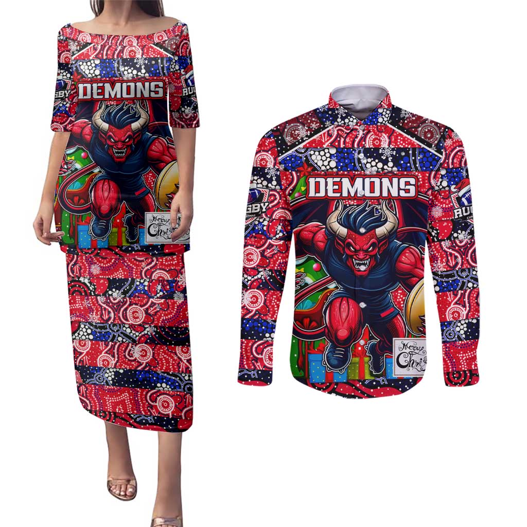 Custom Demons Rugby Merry Christmas Couples Matching Puletasi and Long Sleeve Button Shirt Indigenous Australian Art