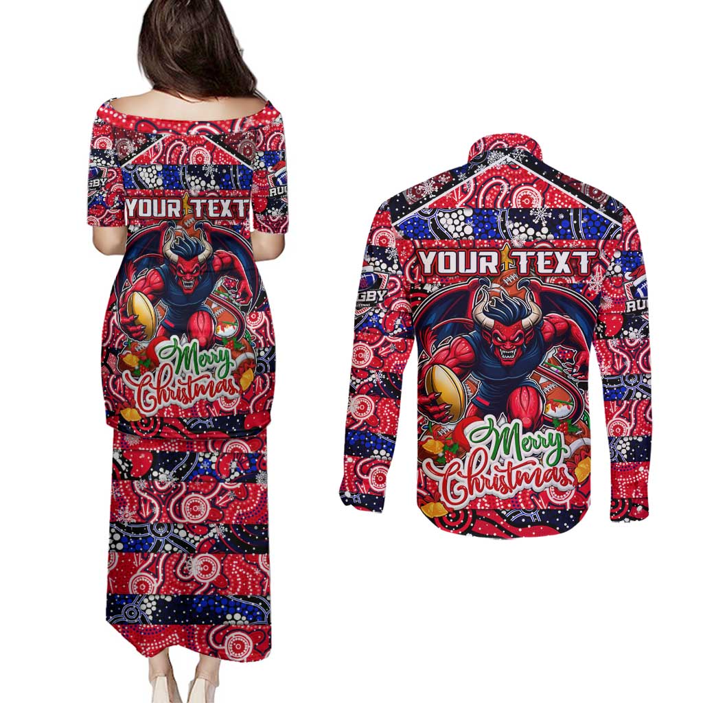 Custom Demons Rugby Merry Christmas Couples Matching Puletasi and Long Sleeve Button Shirt Indigenous Australian Art