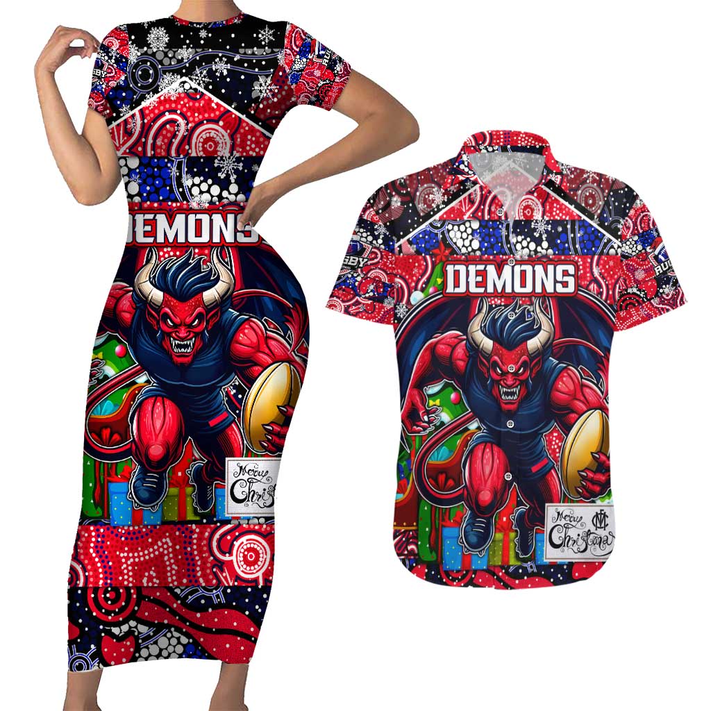 Custom Demons Rugby Merry Christmas Couples Matching Short Sleeve Bodycon Dress and Hawaiian Shirt Indigenous Australian Art
