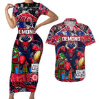 Custom Demons Rugby Merry Christmas Couples Matching Short Sleeve Bodycon Dress and Hawaiian Shirt Indigenous Australian Art