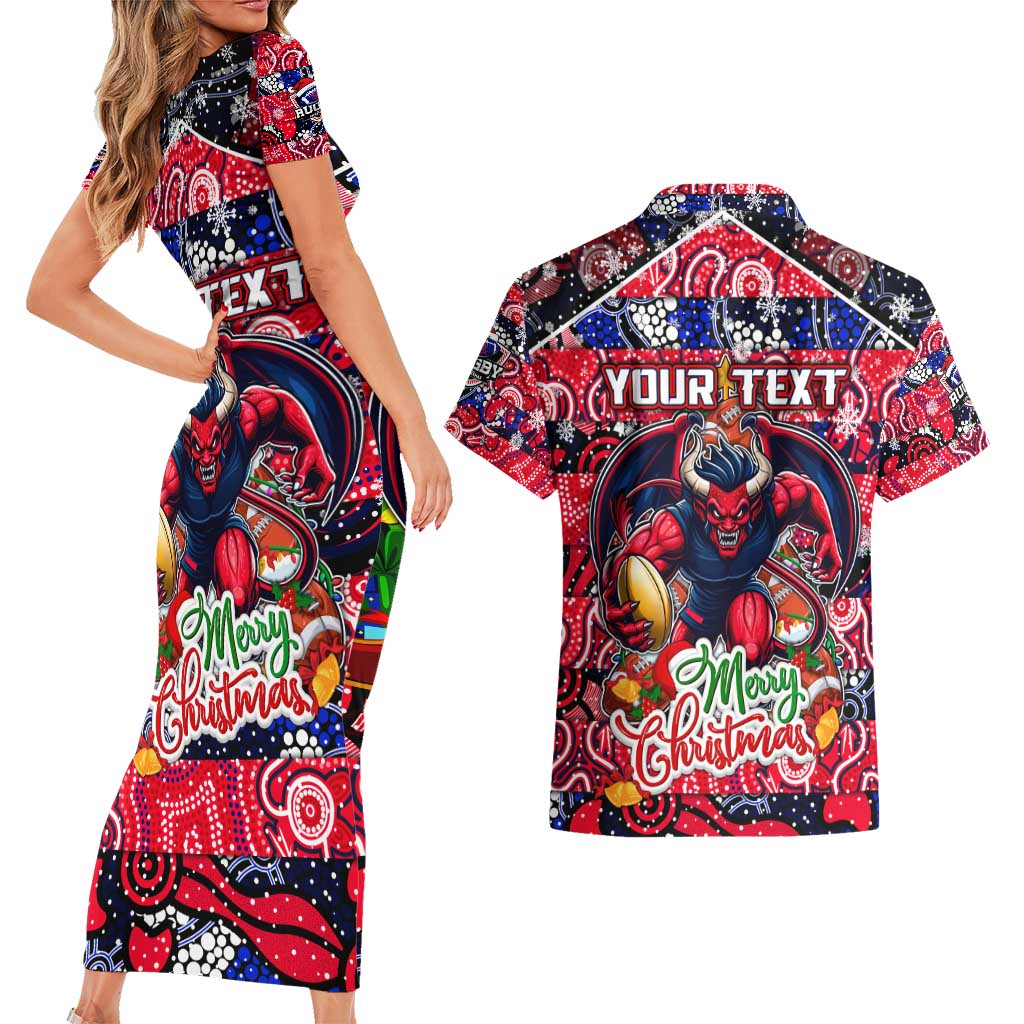Custom Demons Rugby Merry Christmas Couples Matching Short Sleeve Bodycon Dress and Hawaiian Shirt Indigenous Australian Art