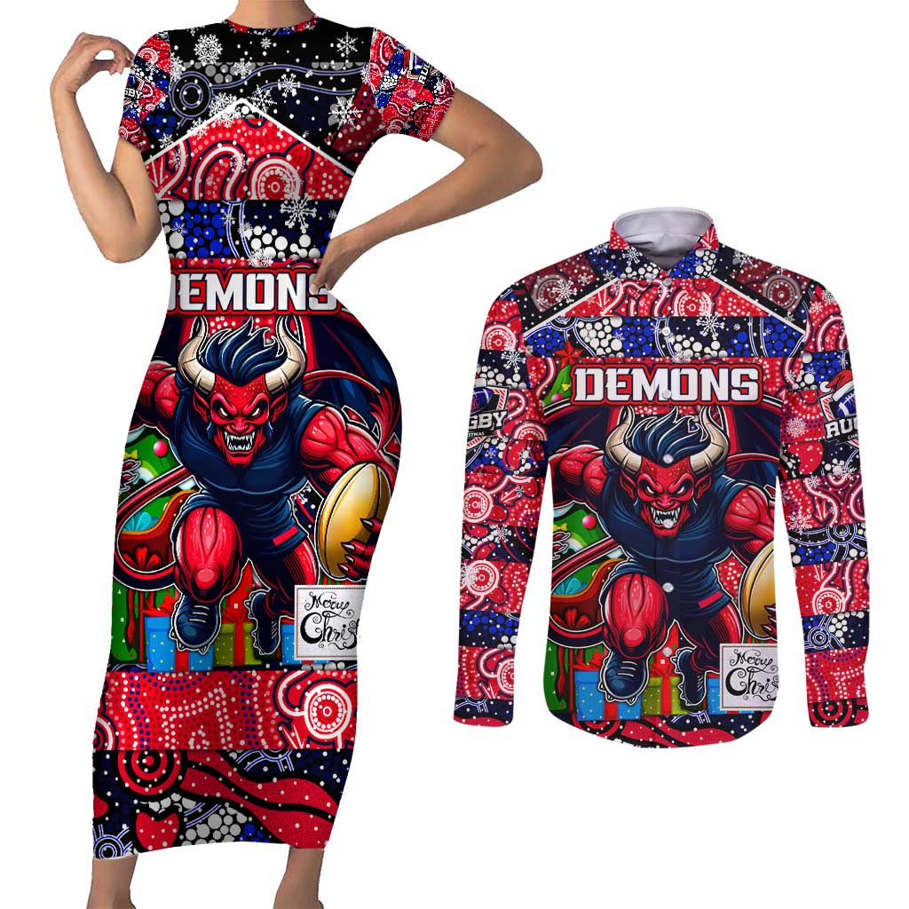 Custom Demons Rugby Merry Christmas Couples Matching Short Sleeve Bodycon Dress and Long Sleeve Button Shirt Indigenous Australian Art
