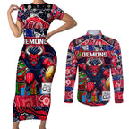 Custom Demons Rugby Merry Christmas Couples Matching Short Sleeve Bodycon Dress and Long Sleeve Button Shirt Indigenous Australian Art