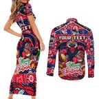 Custom Demons Rugby Merry Christmas Couples Matching Short Sleeve Bodycon Dress and Long Sleeve Button Shirt Indigenous Australian Art