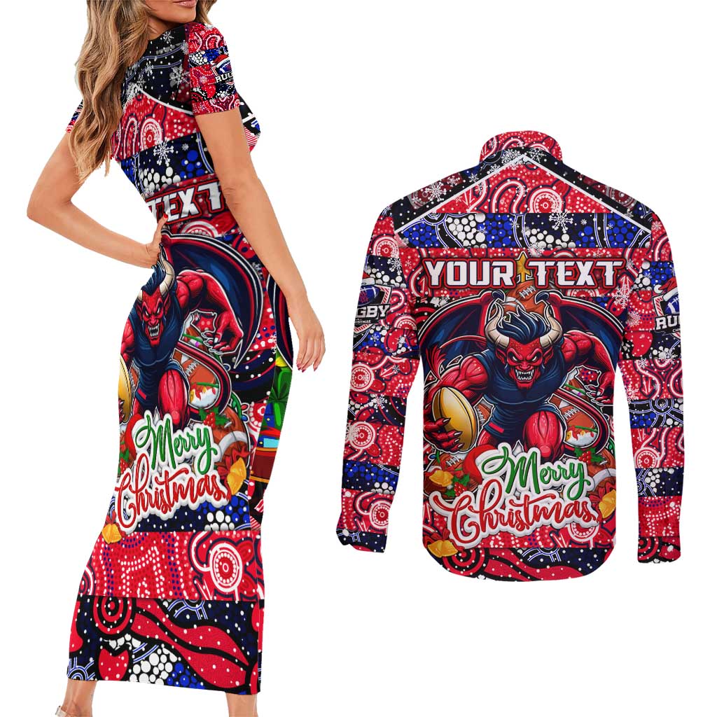 Custom Demons Rugby Merry Christmas Couples Matching Short Sleeve Bodycon Dress and Long Sleeve Button Shirt Indigenous Australian Art
