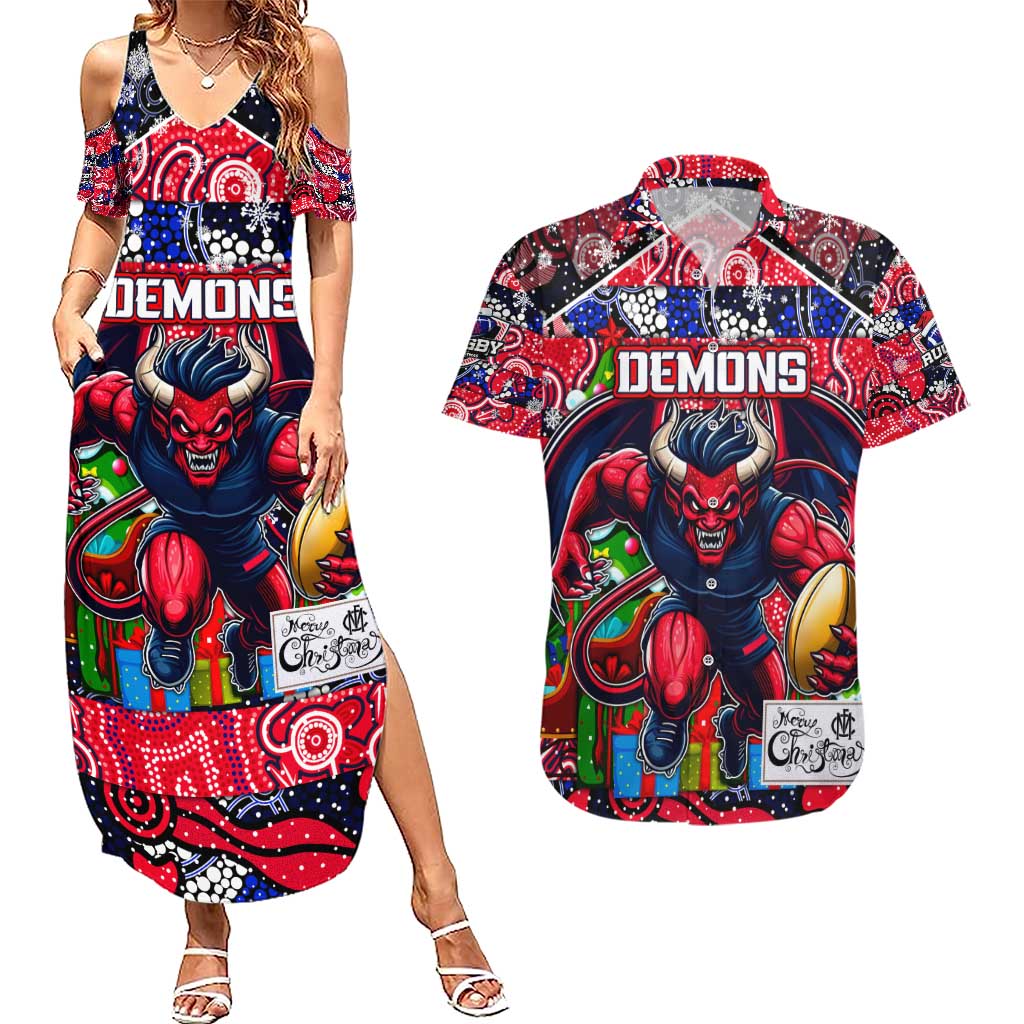 Custom Demons Rugby Merry Christmas Couples Matching Summer Maxi Dress and Hawaiian Shirt Indigenous Australian Art