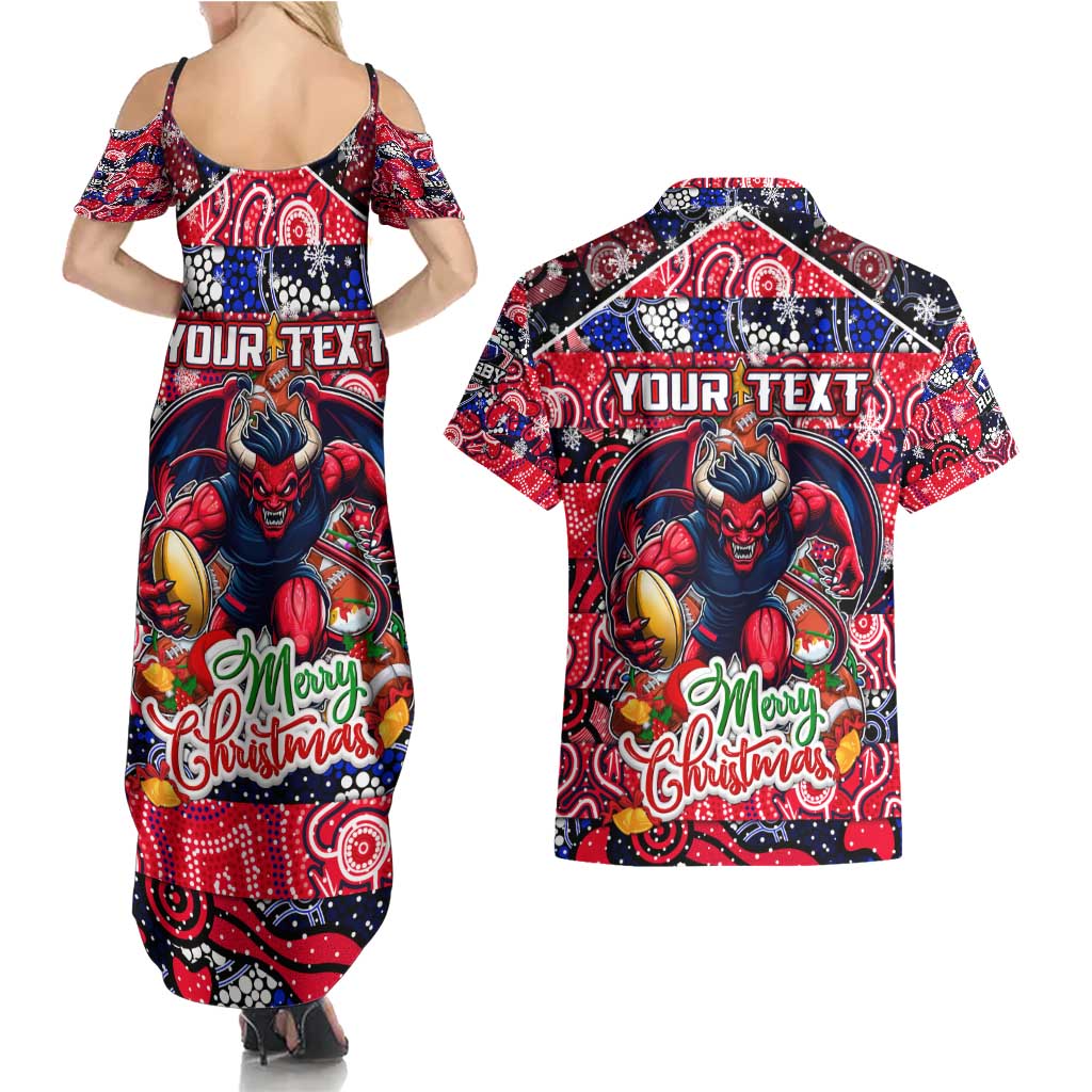 Custom Demons Rugby Merry Christmas Couples Matching Summer Maxi Dress and Hawaiian Shirt Indigenous Australian Art