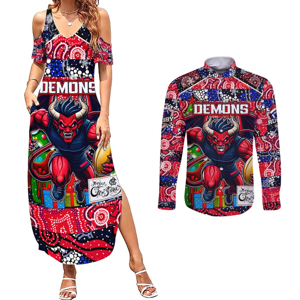 Custom Demons Rugby Merry Christmas Couples Matching Summer Maxi Dress and Long Sleeve Button Shirt Indigenous Australian Art