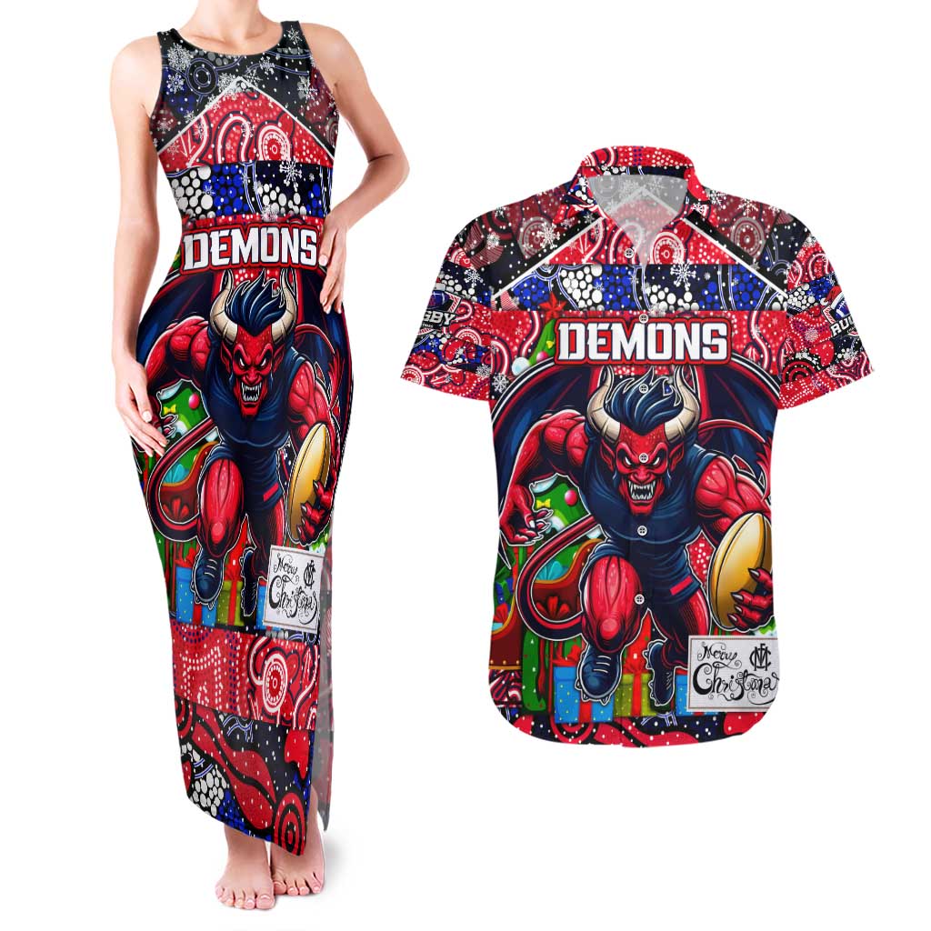 Custom Demons Rugby Merry Christmas Couples Matching Tank Maxi Dress and Hawaiian Shirt Indigenous Australian Art