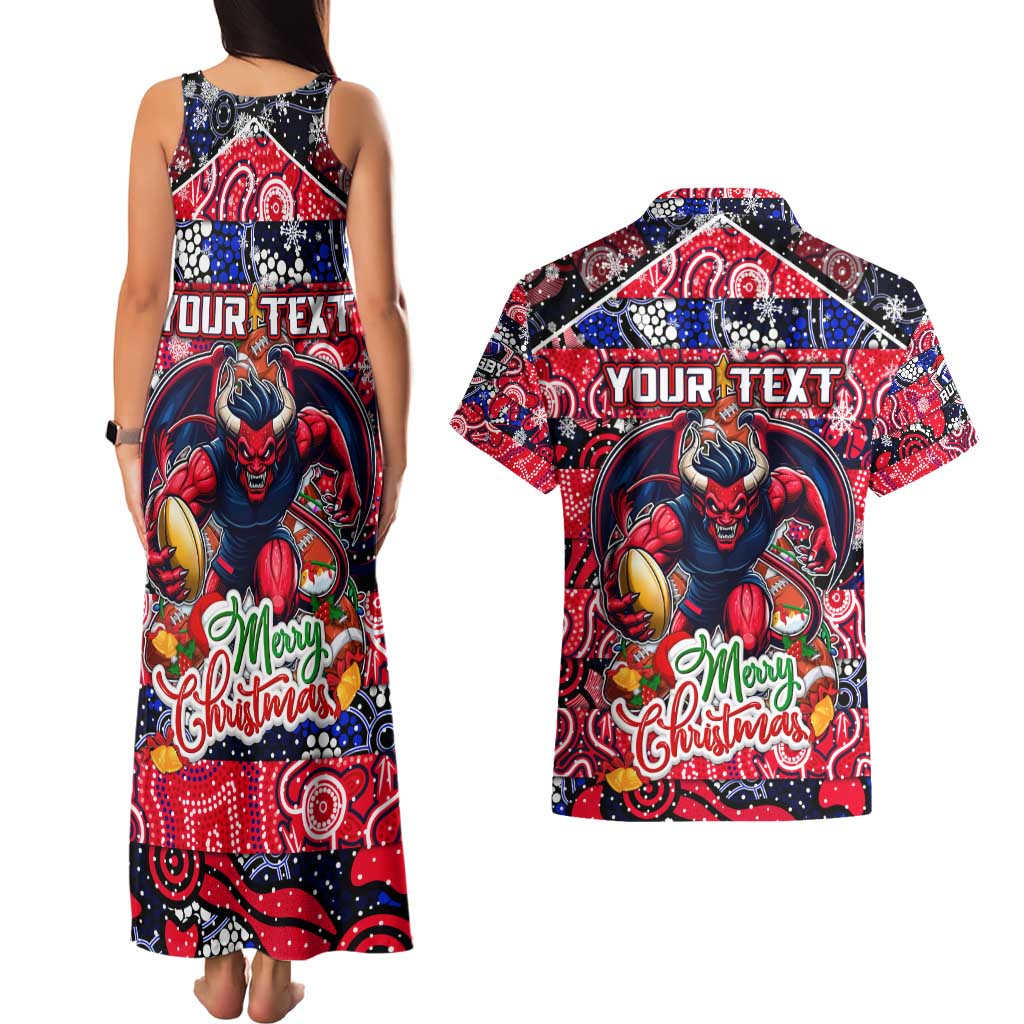 Custom Demons Rugby Merry Christmas Couples Matching Tank Maxi Dress and Hawaiian Shirt Indigenous Australian Art