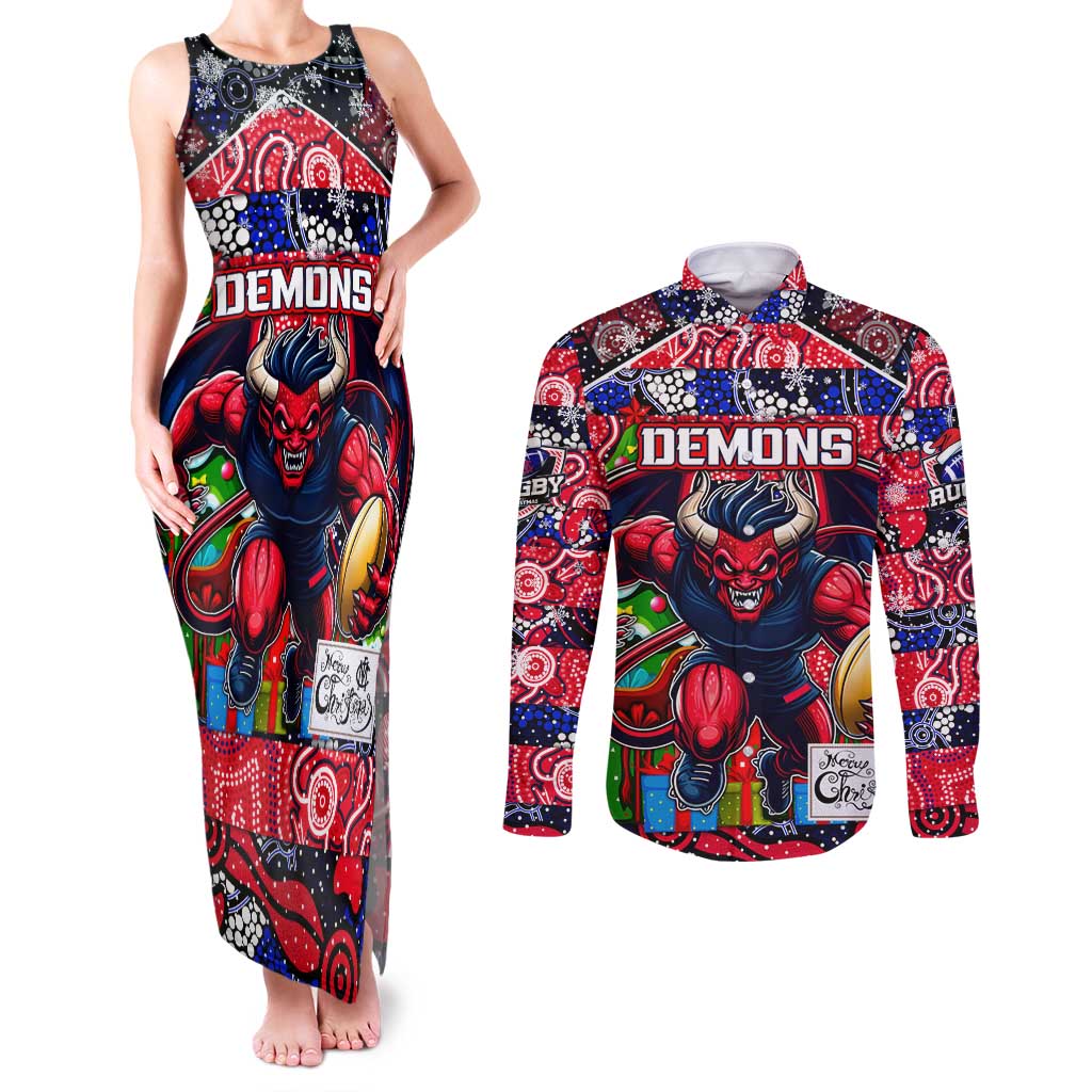 Custom Demons Rugby Merry Christmas Couples Matching Tank Maxi Dress and Long Sleeve Button Shirt Indigenous Australian Art