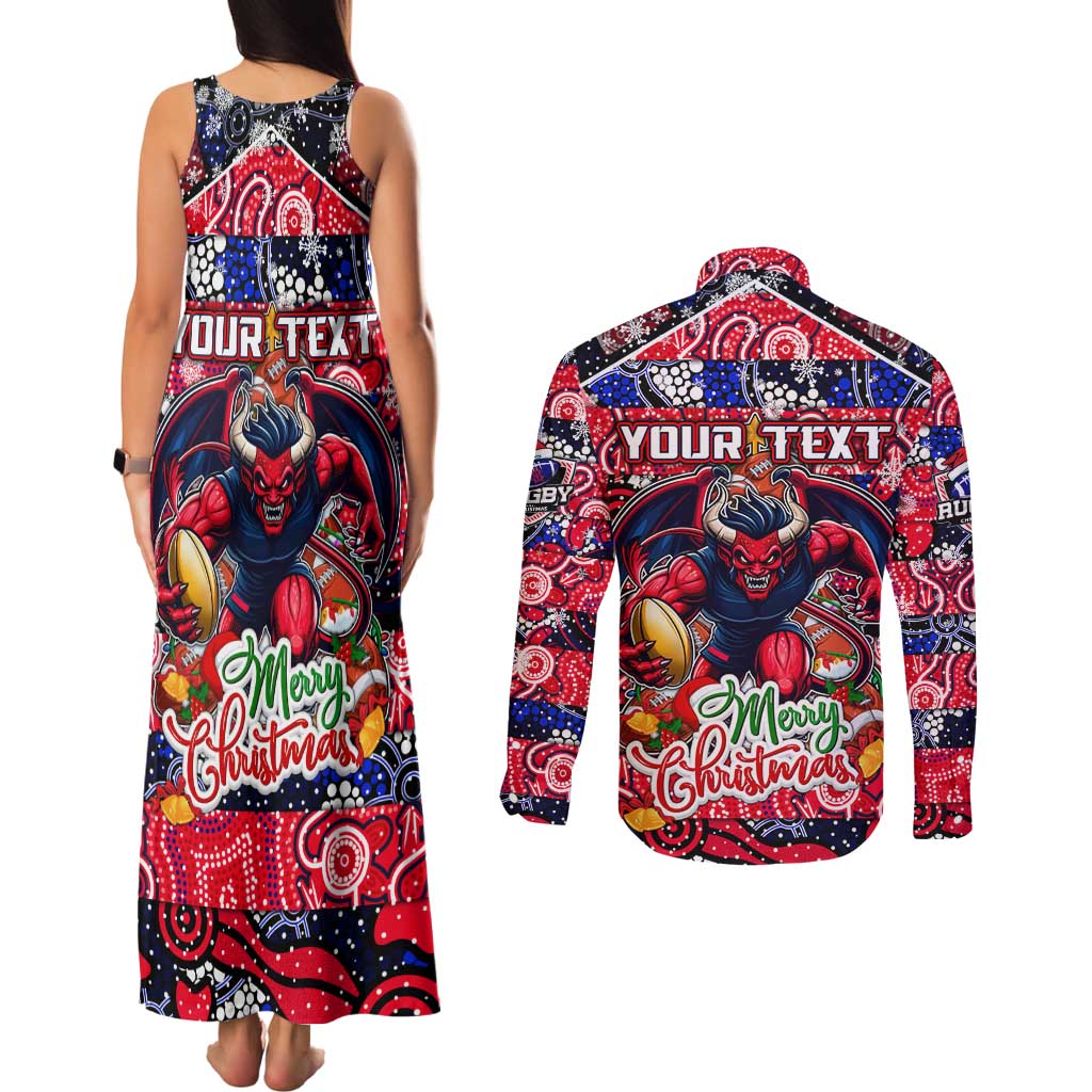 Custom Demons Rugby Merry Christmas Couples Matching Tank Maxi Dress and Long Sleeve Button Shirt Indigenous Australian Art