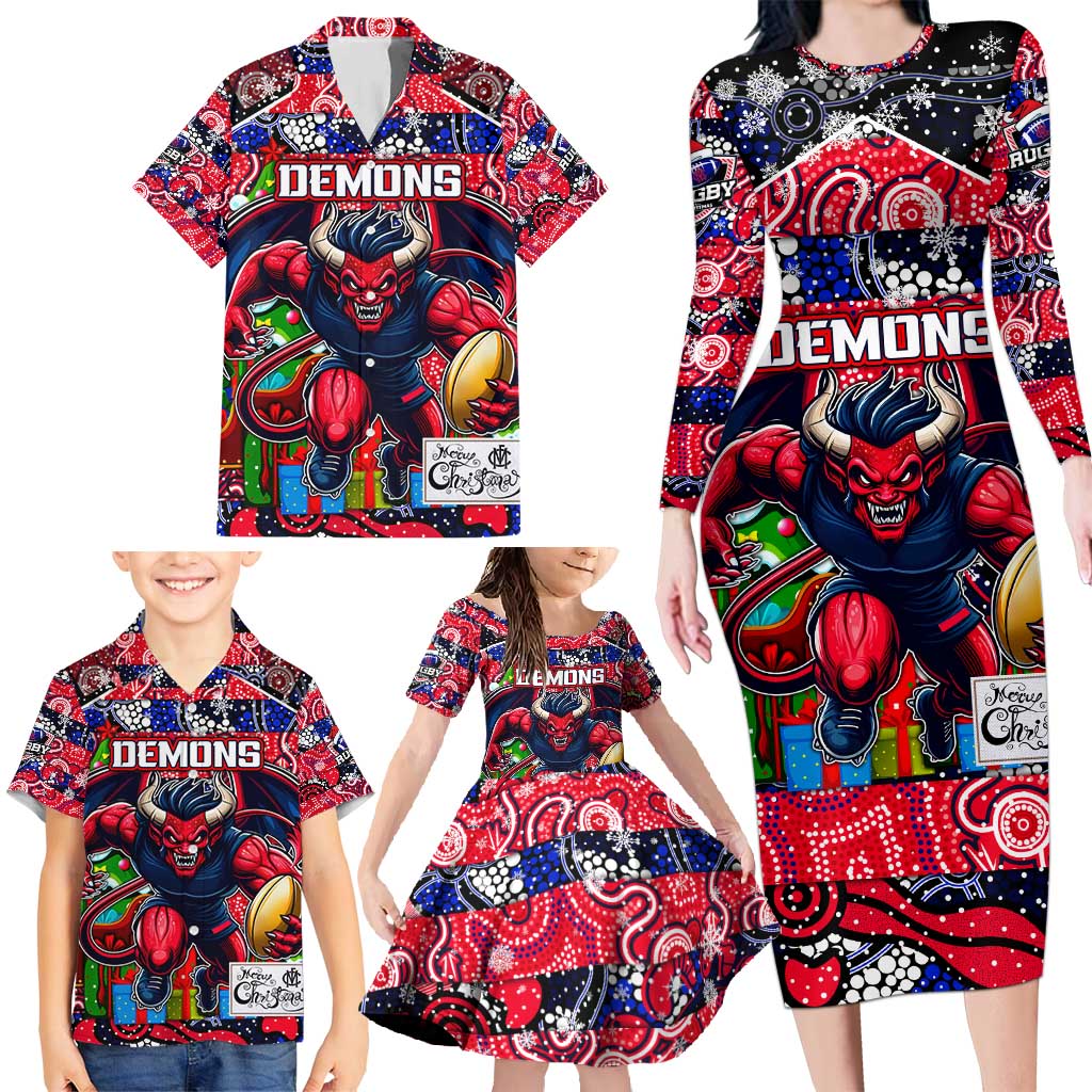 Custom Demons Rugby Merry Christmas Family Matching Long Sleeve Bodycon Dress and Hawaiian Shirt Indigenous Australian Art