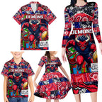 Custom Demons Rugby Merry Christmas Family Matching Long Sleeve Bodycon Dress and Hawaiian Shirt Indigenous Australian Art