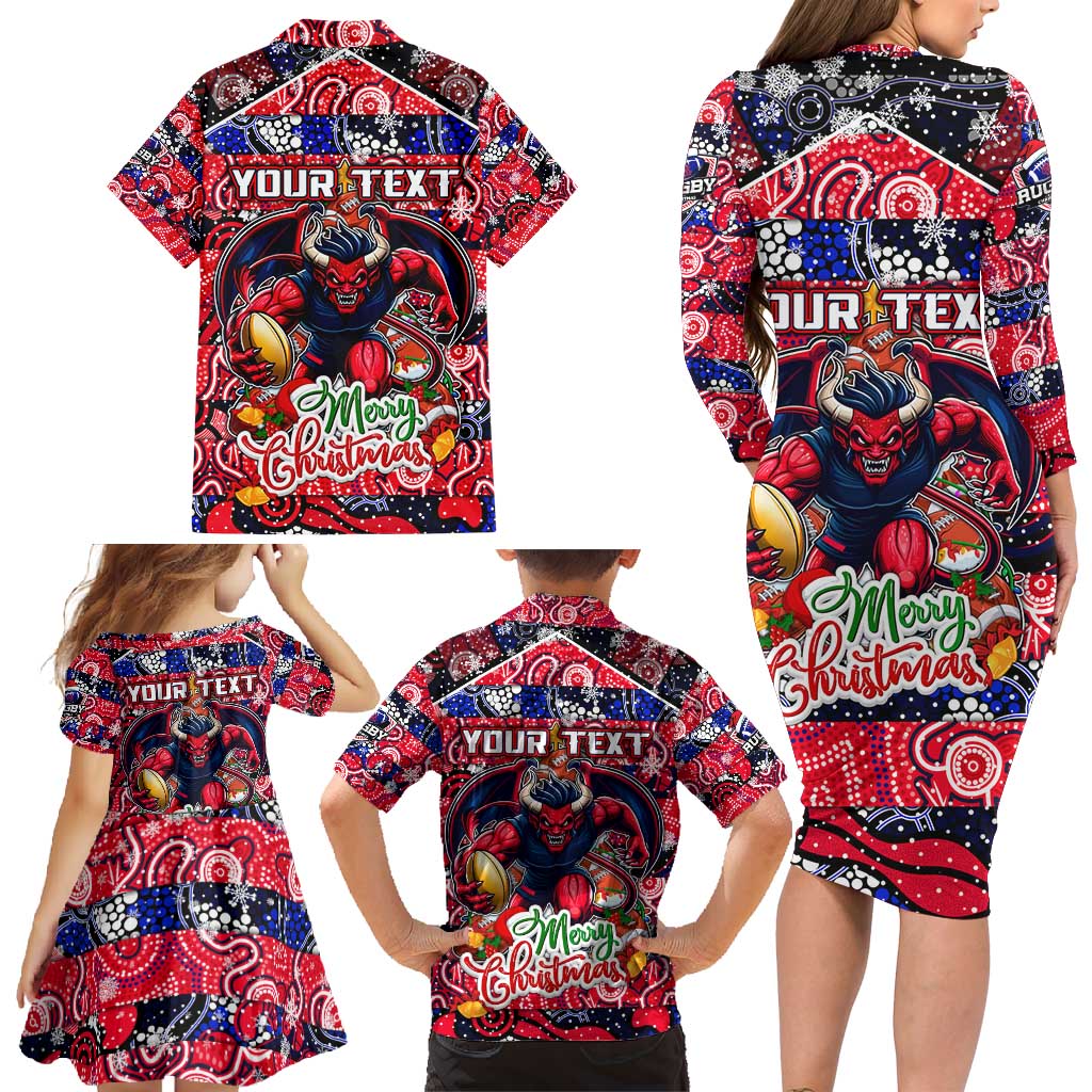 Custom Demons Rugby Merry Christmas Family Matching Long Sleeve Bodycon Dress and Hawaiian Shirt Indigenous Australian Art