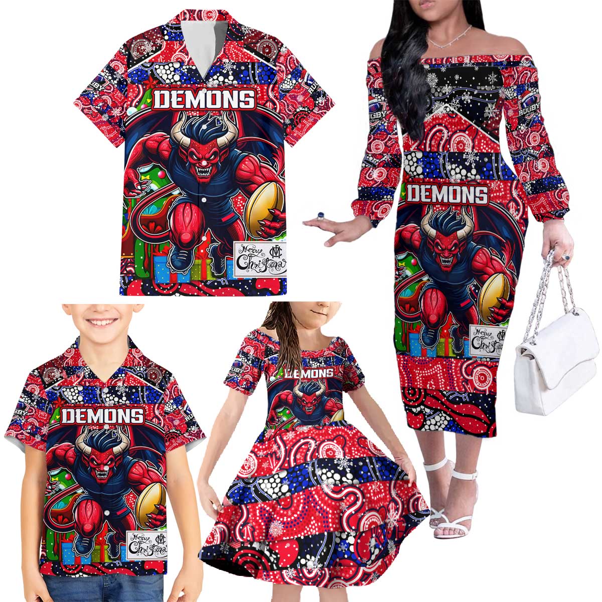 Custom Demons Rugby Merry Christmas Family Matching Off The Shoulder Long Sleeve Dress and Hawaiian Shirt Indigenous Australian Art