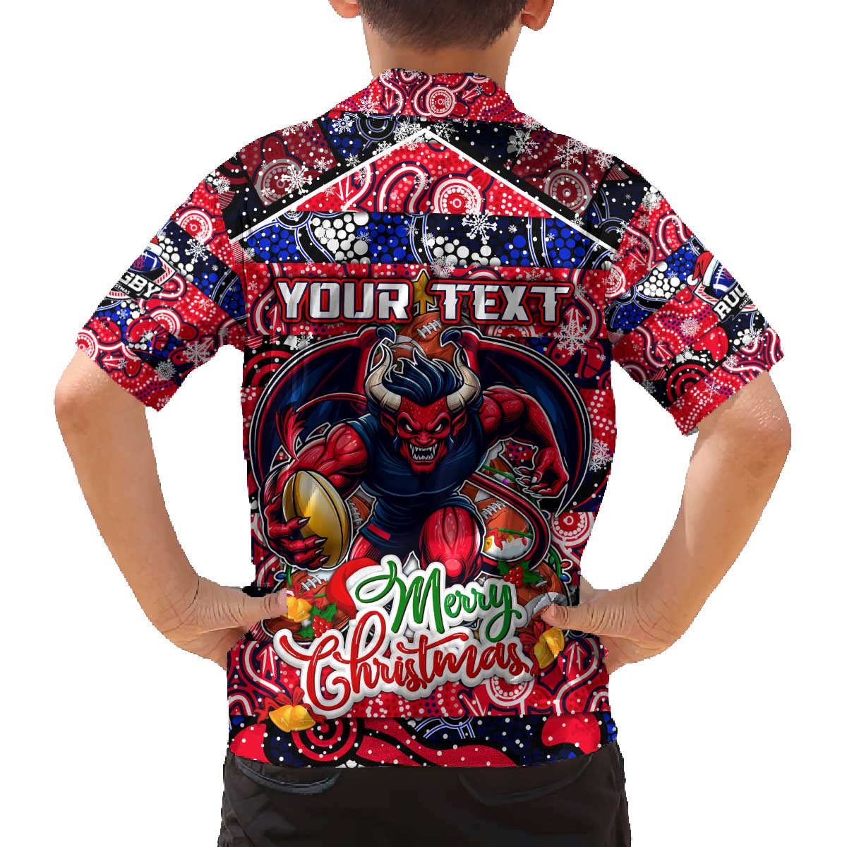 Custom Demons Rugby Merry Christmas Family Matching Off The Shoulder Long Sleeve Dress and Hawaiian Shirt Indigenous Australian Art