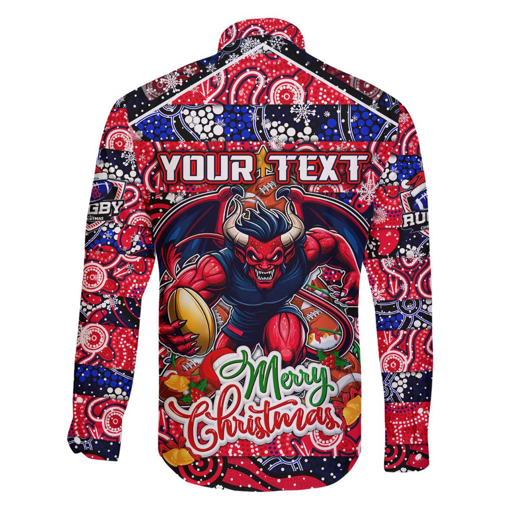 Custom Demons Rugby Merry Christmas Family Matching Off The Shoulder Long Sleeve Dress and Hawaiian Shirt Indigenous Australian Art