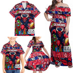 Custom Demons Rugby Merry Christmas Family Matching Off Shoulder Maxi Dress and Hawaiian Shirt Indigenous Australian Art