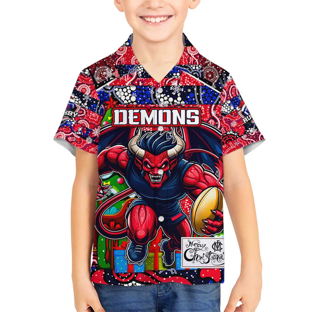 Custom Demons Rugby Merry Christmas Family Matching Off Shoulder Short Dress and Hawaiian Shirt Indigenous Australian Art