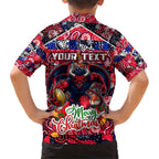 Custom Demons Rugby Merry Christmas Family Matching Short Sleeve Bodycon Dress and Hawaiian Shirt Indigenous Australian Art