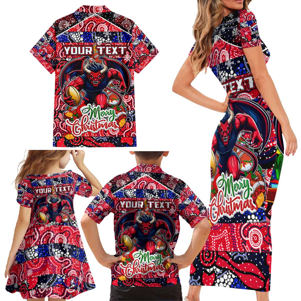 Custom Demons Rugby Merry Christmas Family Matching Short Sleeve Bodycon Dress and Hawaiian Shirt Indigenous Australian Art
