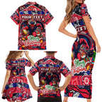 Custom Demons Rugby Merry Christmas Family Matching Short Sleeve Bodycon Dress and Hawaiian Shirt Indigenous Australian Art