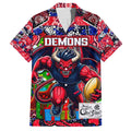 Custom Demons Rugby Merry Christmas Family Matching Short Sleeve Bodycon Dress and Hawaiian Shirt Indigenous Australian Art